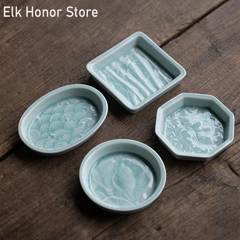 Hutian Kiln Misty Blue Cup Pad Tea Tray Household Openable Ceramic Pot Tray Ceramic Relief Cup Holder Tea Ceremony Accessories