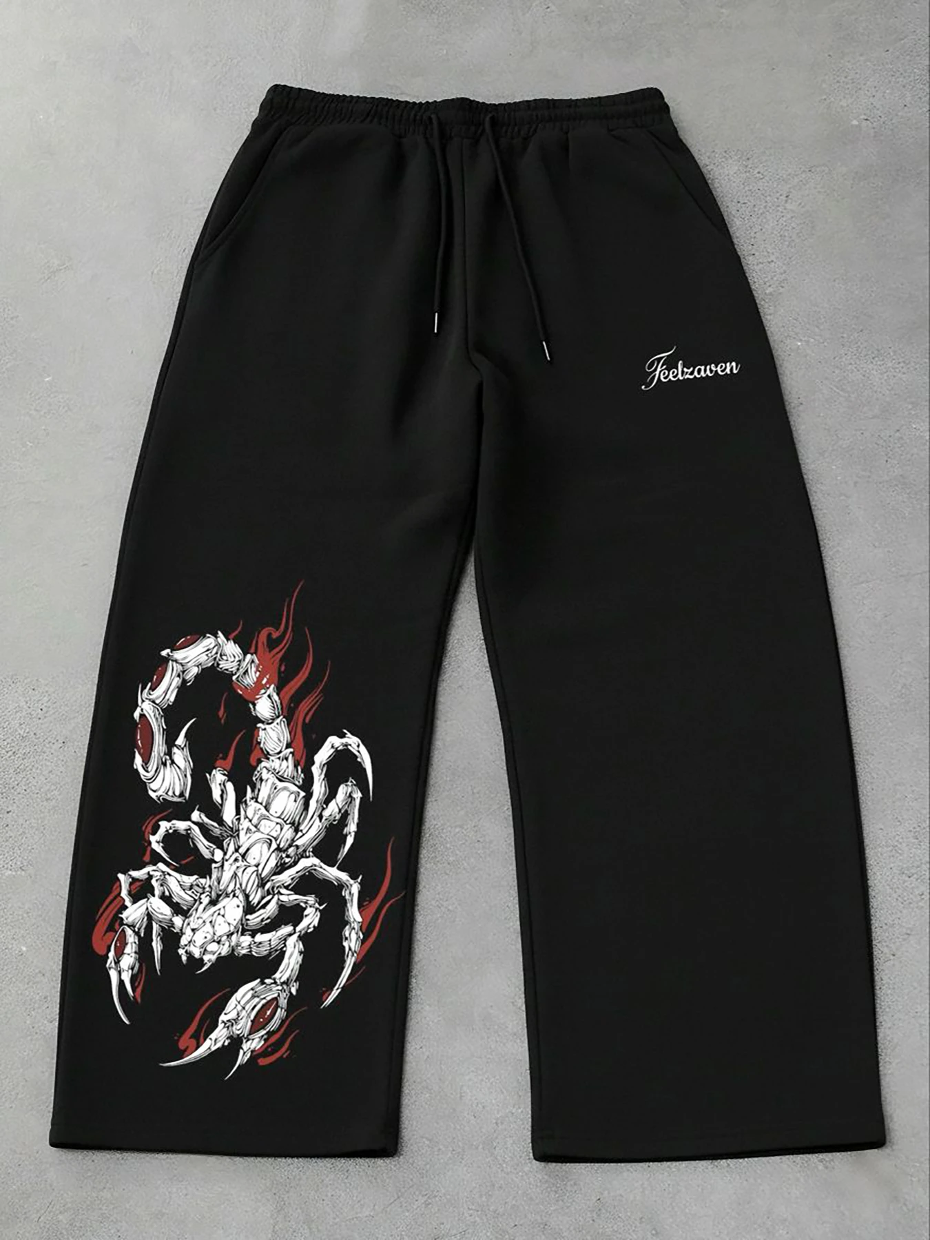 Men's casual straight-leg trousers featuring a trendy, distinctive flame-and-scorpion print; loose, wide-leg sweatpants.