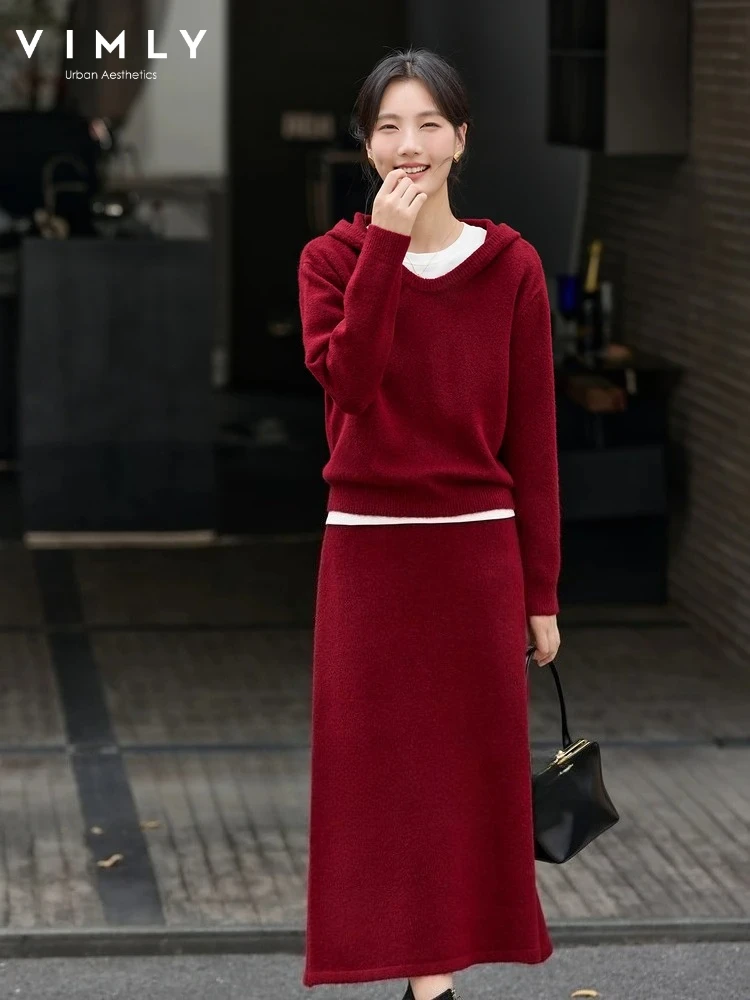 

VIMLY 2 Piece Skirt Sets Woman Outfit Fall 2026 Red Knitted Hoodie Tops A-Line Maxi Skirts Female Casual Skirt Set Women 75119