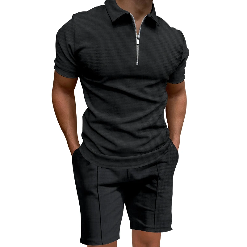 Cross border 2024 summer men\'s polo shirt set solid color waffle short sleeve slim lapel t-shirt casual men\'s set