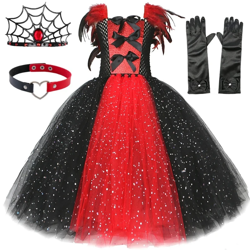 

Sparkly Demon Vampire Queen Costume for Girls Carnival Outfit Gothic Feather Clothes Kids Spider Witch Halloween Long Tutu Dress