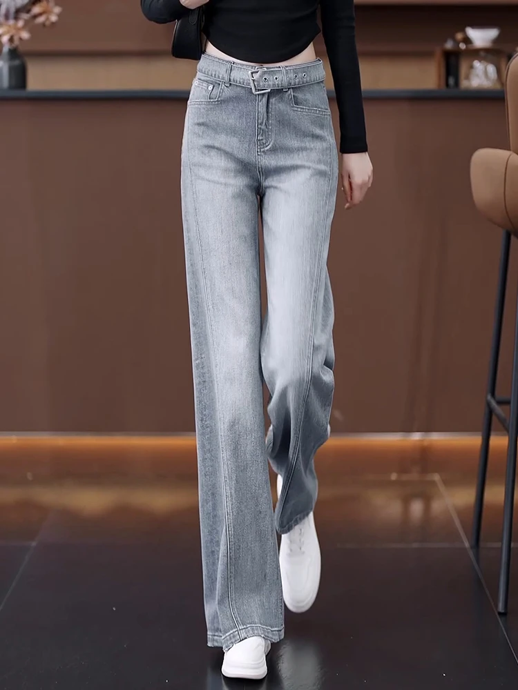 

High Waist Wide Leg Grey Denim Jeans Women's Spring Autumn New Style Drapey Long Pants Slimming Straight Cut Casual Jeans