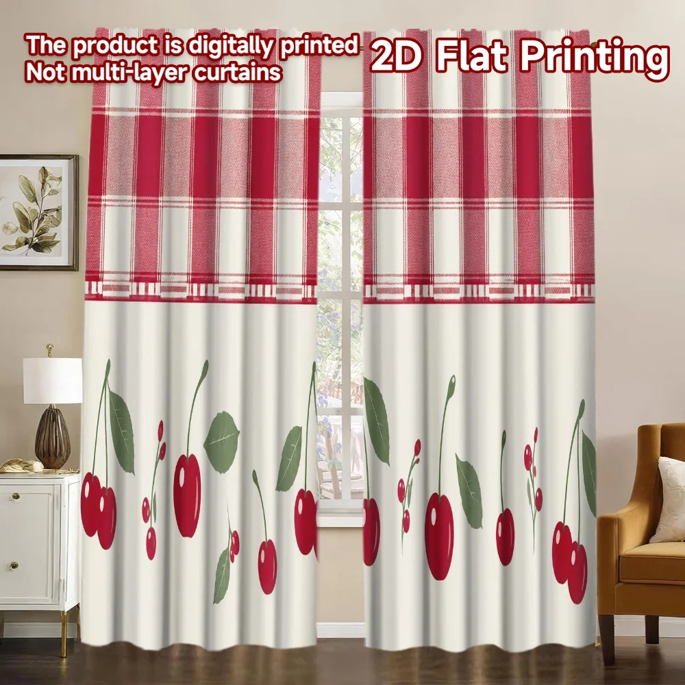 2D FLAT PRINTING 2pcs Curtains (Without Rod) Cherry Plaid Design Pattern Popular Curtains Machine Washable Fabric Curtains