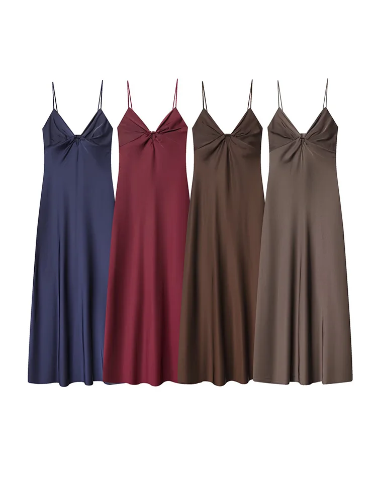 HH mujer primavera Sexy ajustado vestido Midi sólido sin mangas espalda descubierta decoración A-Line cremallera mujer elegante cuello pico Sling vestidos