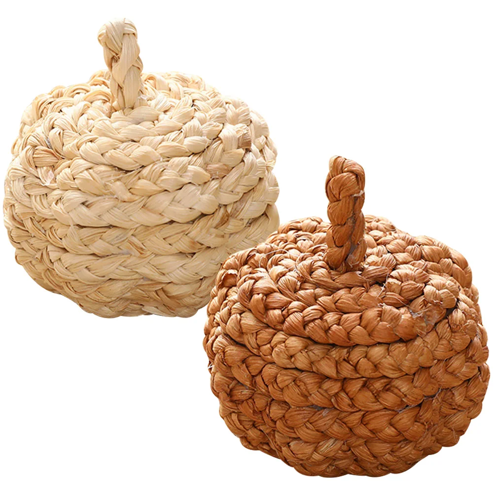 

2Pcs Thanksgiving Pumpkin Ornaments Straw Woven Decorative Props Indoor Outdoor Use Woven Pumpkin Artificial Weaving Pumpkins