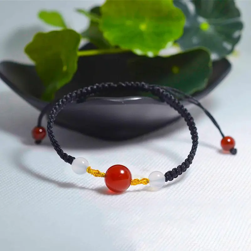 Year of The Tiger Acacia Red Bean Bracelet Female Hand-woven Black Rope White Natural Agate Crystal Couple Jewelry Male