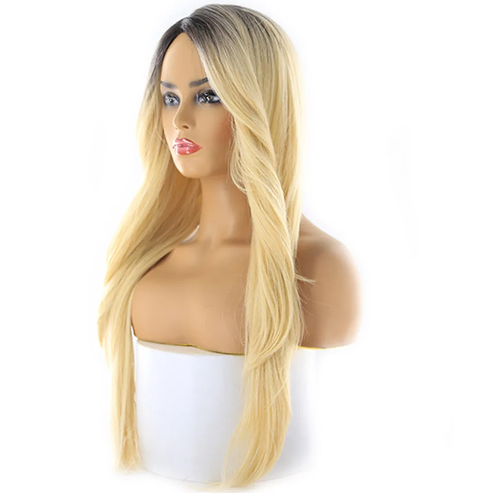 Blonde 613 Ombre Color Synthetic Hair Wigs With Bangs Heat Resistant Fiber X-TRESS Long Wavy Wig Side Part For Women Daily Hair