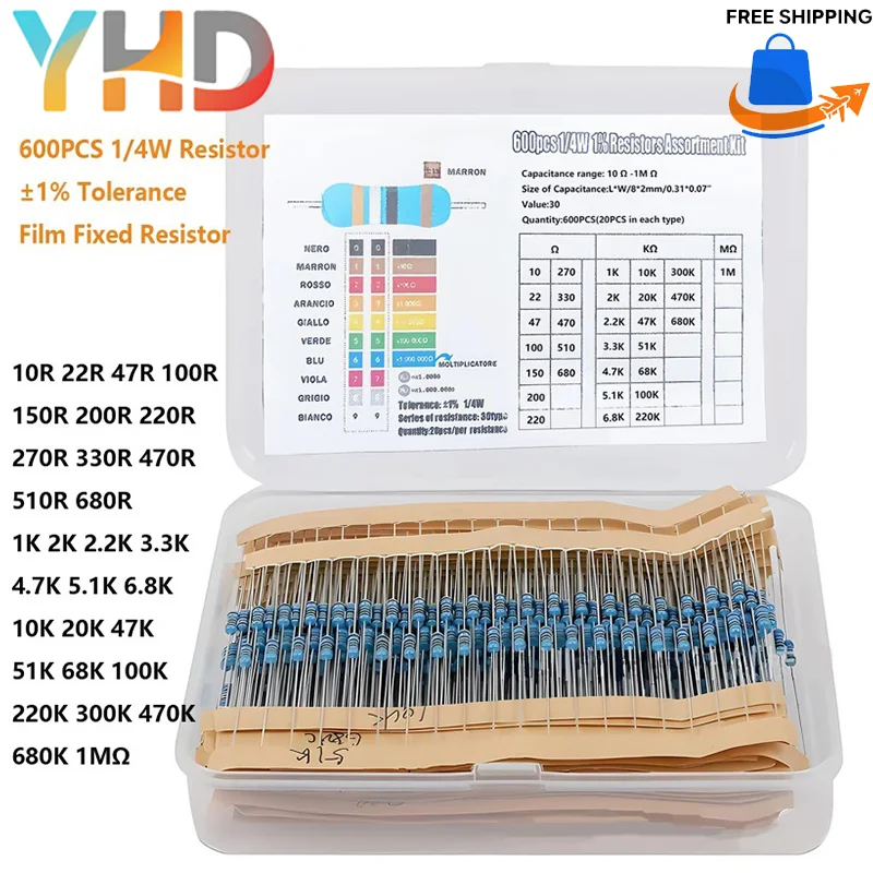 300/600/2600PCS 1/4W 1% ตัวต้านทานฟิล์มโลหะชุดกล่อง 1K 10K 100K 220ohm 1M ตัวต้านทาน 30 ชนิด