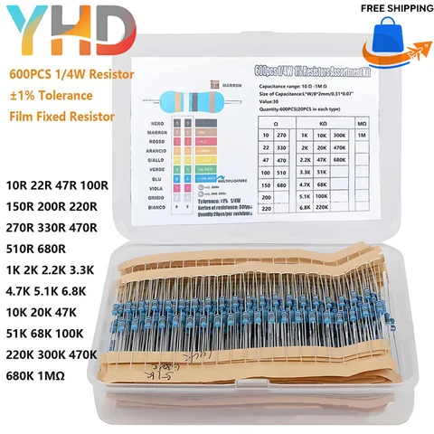 300/600/2600PCS 1/4W Resistance 1% Metal Film Resistor Kit with Box 1K 10K 100K 220ohm 1M Resistors 30 Kinds