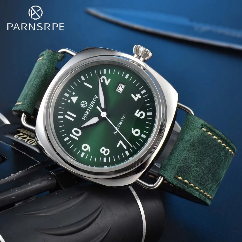 PARNSRPE Men\'s Classic Vintage Green Mechanical Watch with Japanese NH35 Movement 316L Stainless Steel Case Pilot\'s Watch