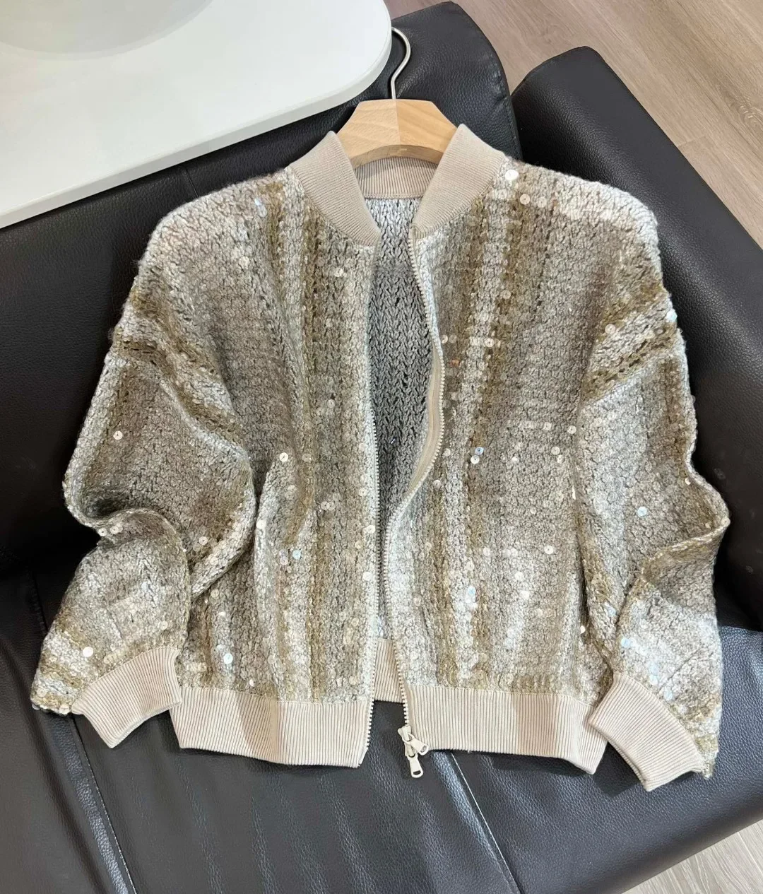 Sequins Decorated Women Cardigan Stand Collar Long Sleeve Zipper Loose Knitted Sweater