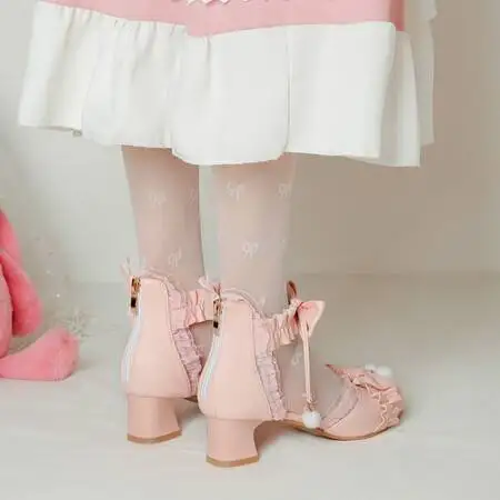 Spring Lace Ankle Strap Women High Heels Mary Jane Pumps Party Wedding Cosplay White Pink Hairball Bow Princess Lolita Shoes