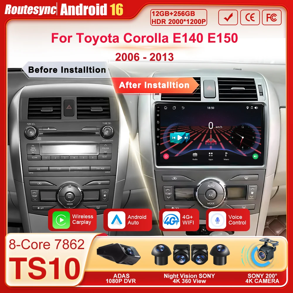 

Android 16 2 Din For Toyota Corolla E140 E150 2006 - 2013 Carplay Auto Screen Car Radio Multimedia Player GPS Navi Bluetooth FM