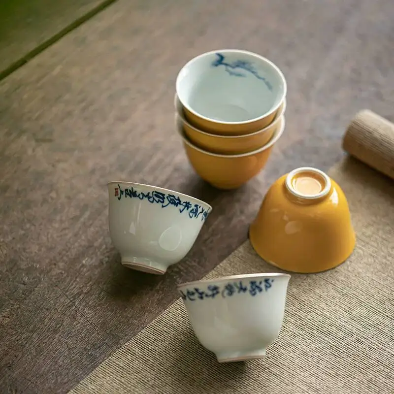 Wuyintang hand Painted In The Style Of Ancient Literati Yellow Inner And Outer Glaze Ceramic Single Cup Antique Style Tea Cup