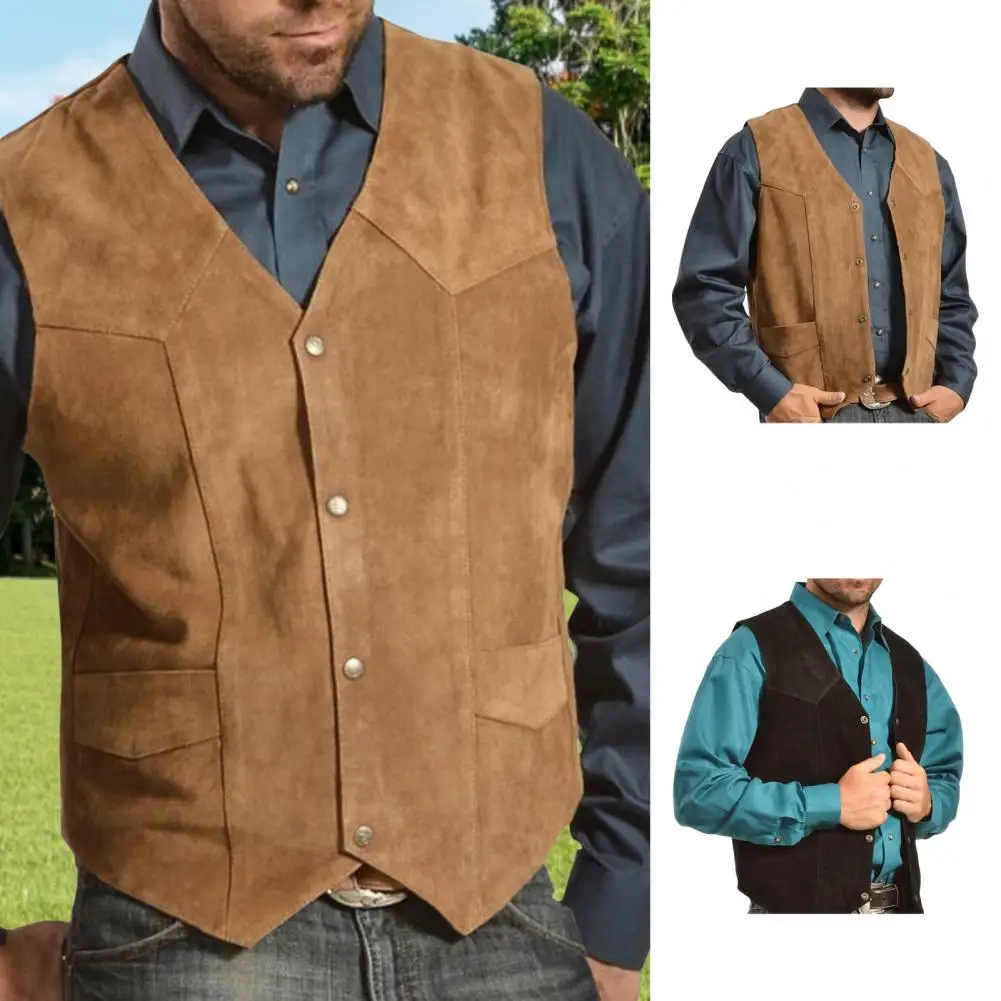 

﻿ Men Vest Coat Collarless V-Neck Sleeveless Single Breasted Solid Color Waistcoat Pockets Waistcoat Formal Business Suit Jacket