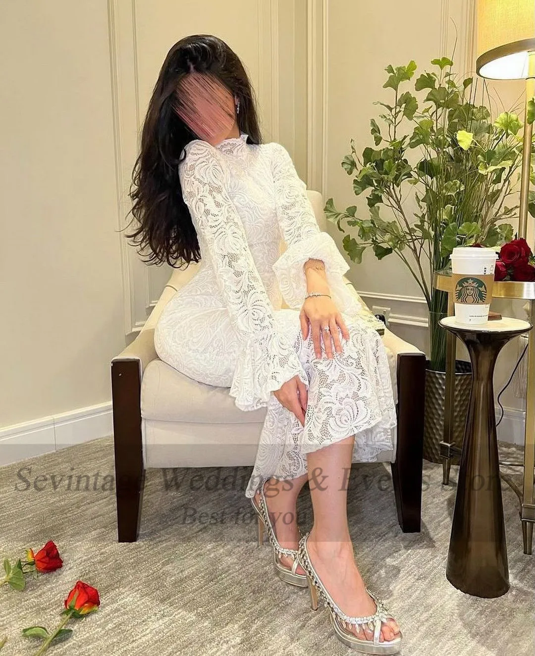 Vestidos de Noche de encaje de sirena blancos personalizados, Arabia Saudita, mangas largas, longitud hasta el té, vestidos formales por debajo de la rodilla para graduación, trajes de fiesta para mujer