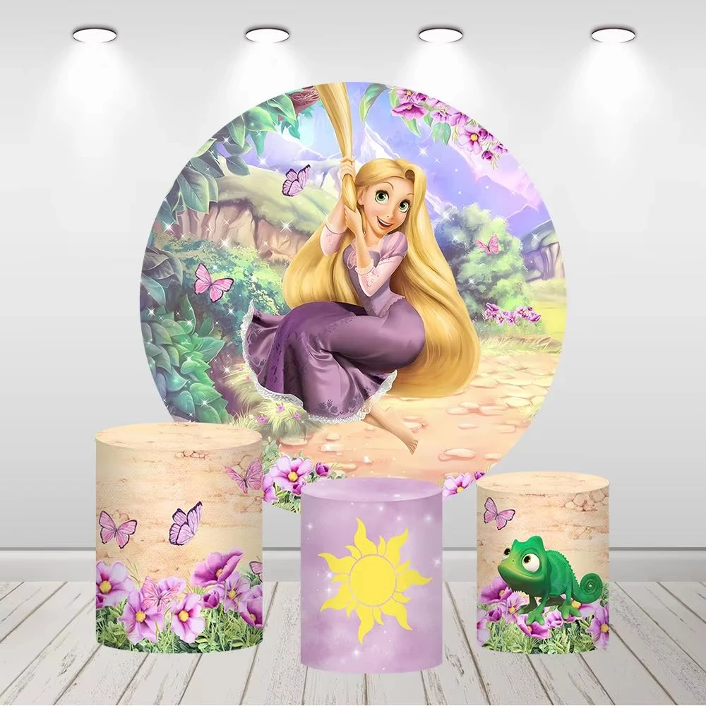 

Disney Rapunzel Round Background Cylinder Cover Butterfly Chameleon Sun Girls Birthday Party Baby Shower Photography Decoration