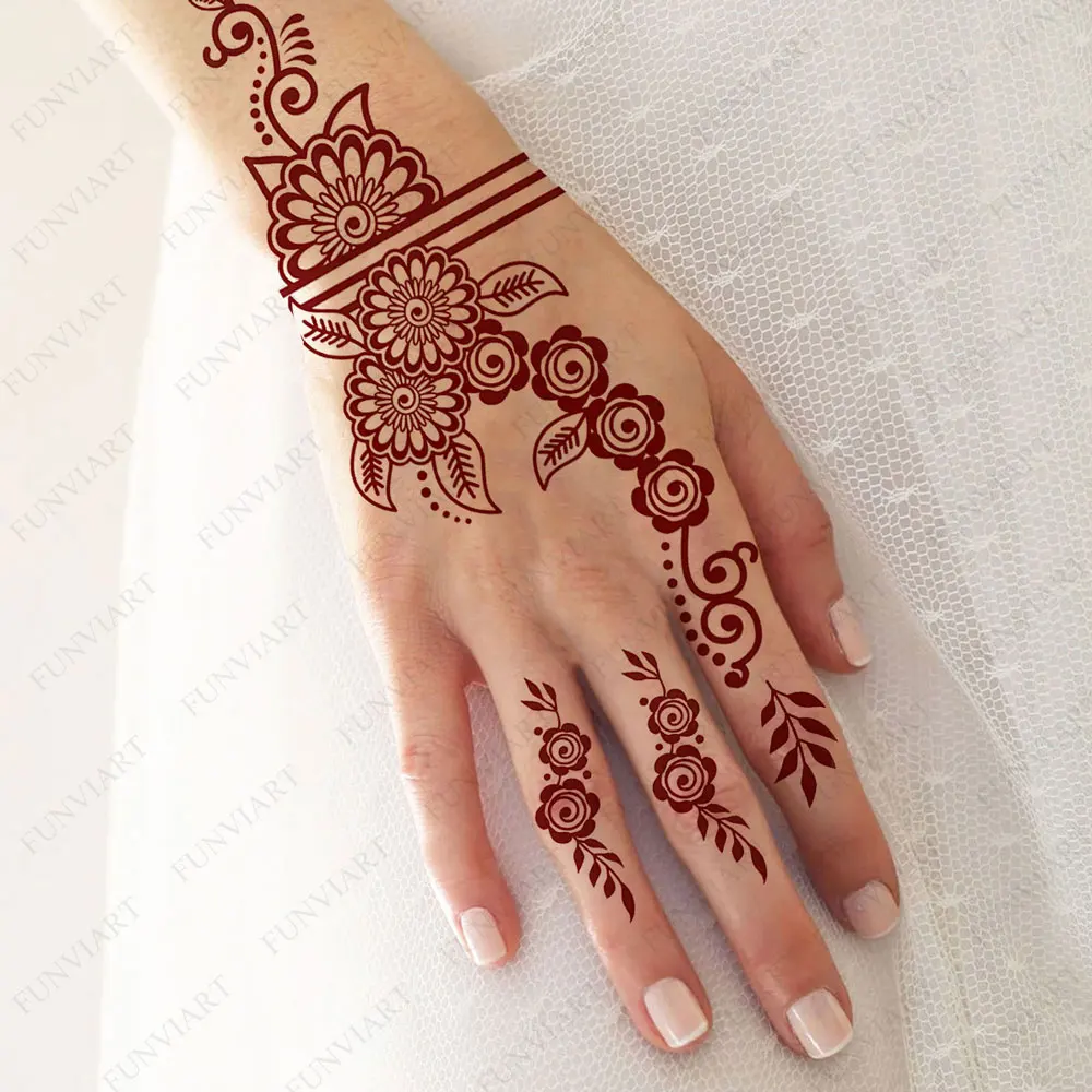 Disposable Temporary Tattoos Burgundy Henna Tattoo Stickers for Hand Foot Body Art Flower Fake Tattoo for Women Wedding Festival