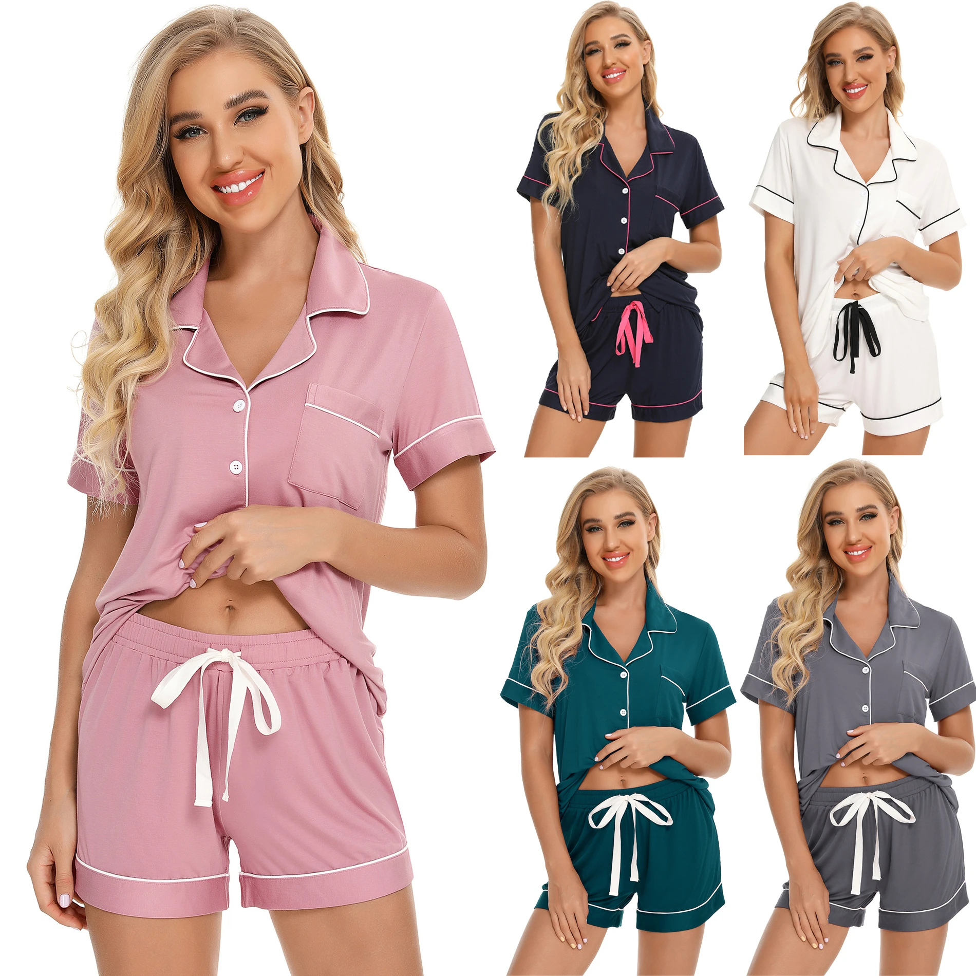 Soft Modal Pajama Sets For Women 2 Piece Short Sleeve Cardigan Shorts Pjs Casual Loose Sleepwear Loungewear Set customize LOGO