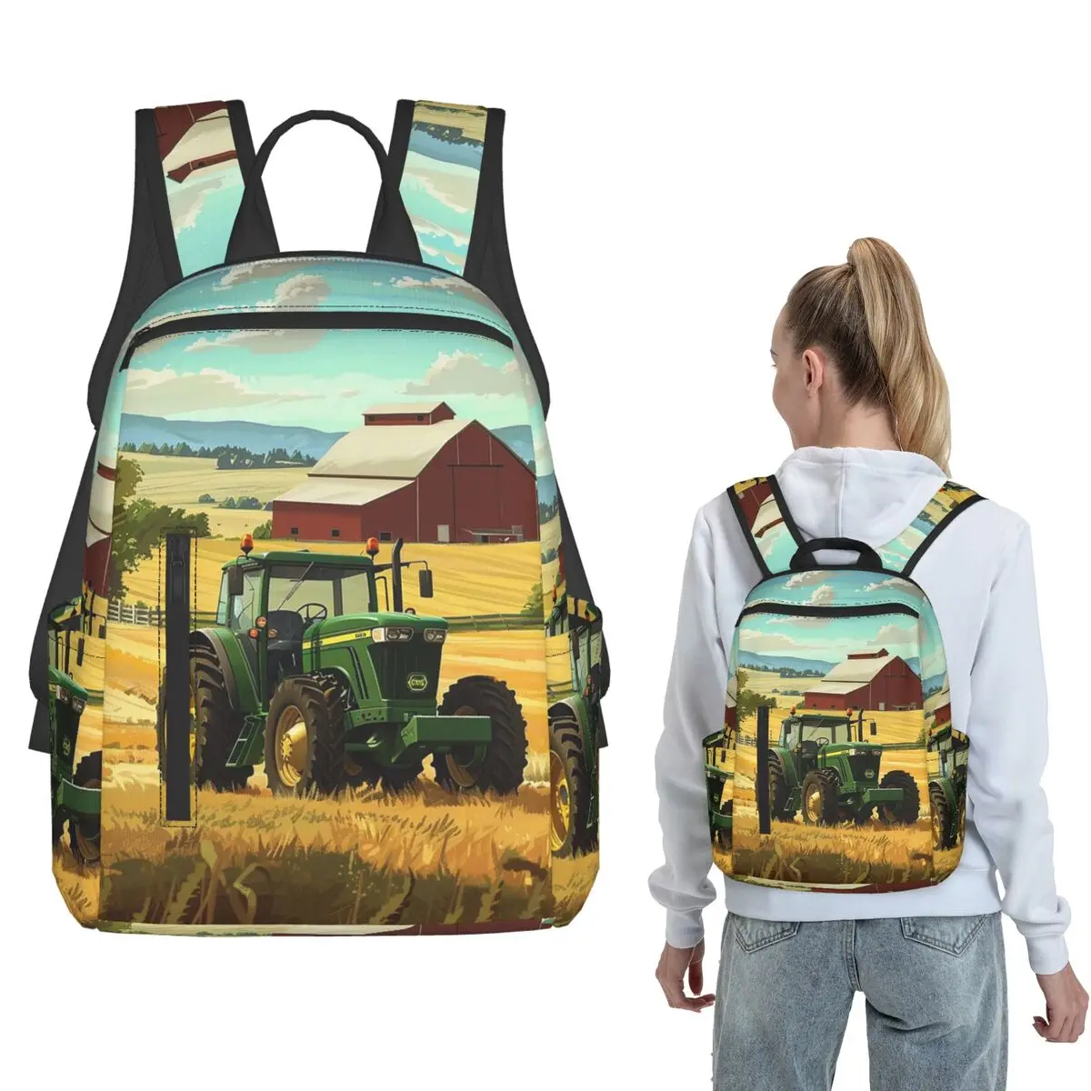 Green Tractor On A Forest Trail Backpack Large Capacity Children BookBag School Bag Shoulder Bags for Men Women