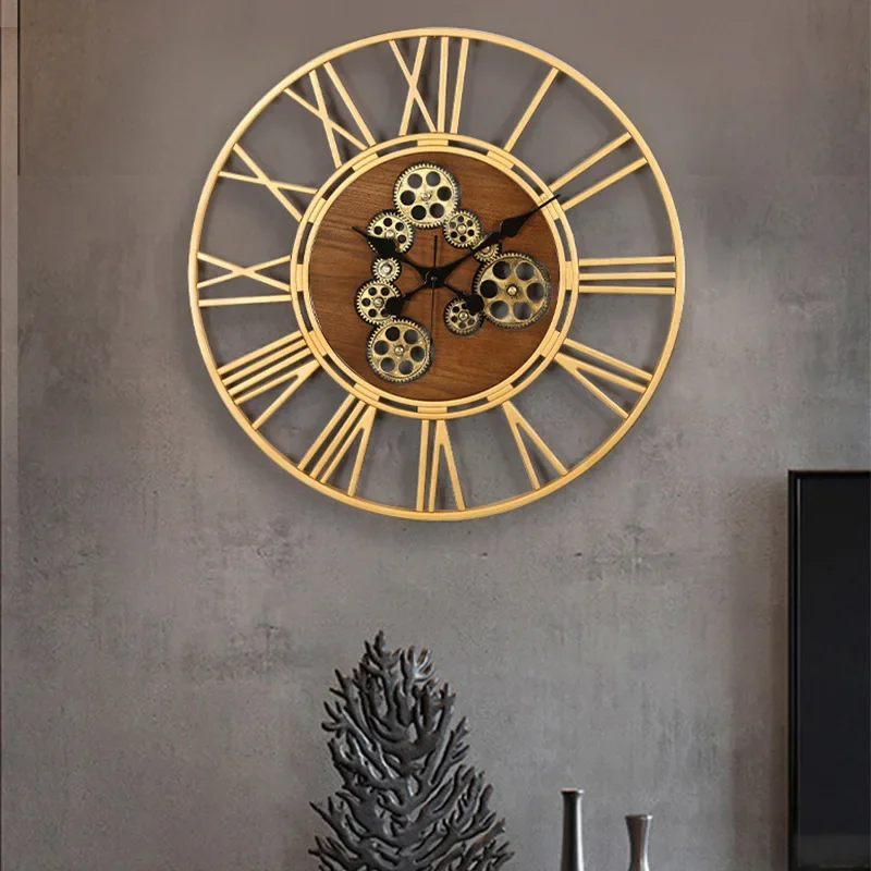 Large Retro Metal Wall Gear Clocks Silent Non Ticking Vintage Wall Clocks Roman Numerals Modern Quartz Clock for Home Decoration