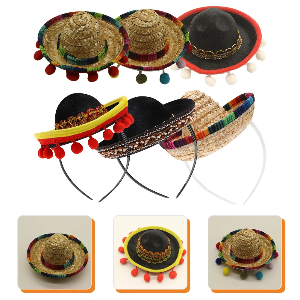 6 Pcs Mexican Hat Headband for Fiesta Party Colorful Hair Mexican Sombrero Hat Accessories Sombrero Hats for All Ages