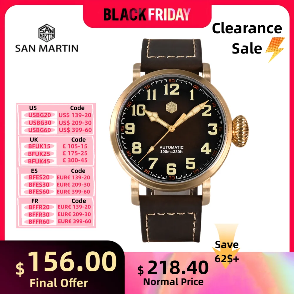 San Martin 40/45mm Bronze Mechanical Wristwatch Men Automatic Watch Pilot YN55A 10Bar Luminous Sapphire Classic Luxury SN0095