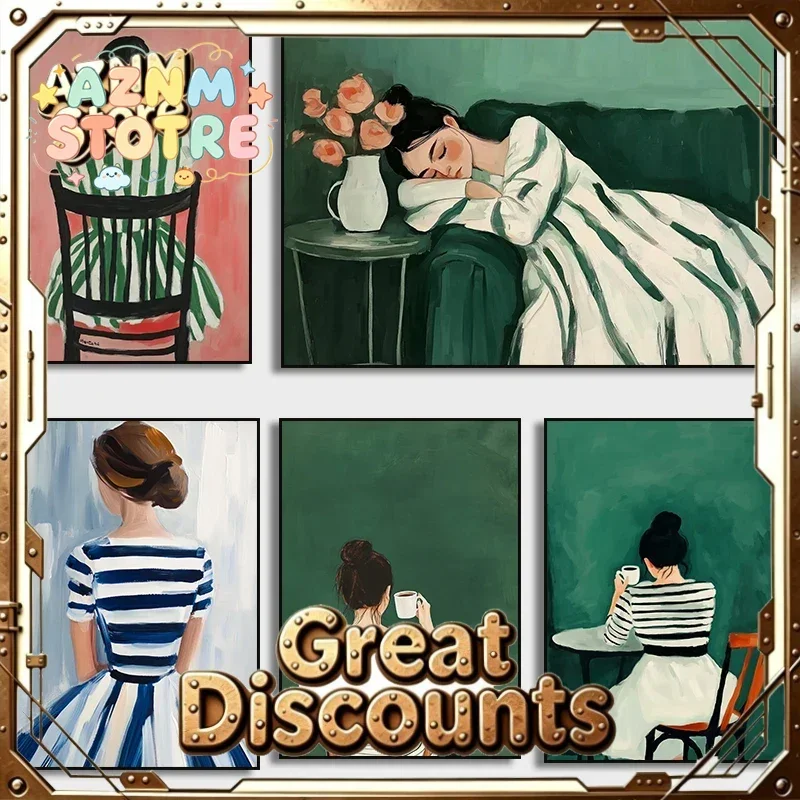 Green Stripe Woman Sleeping Drink Coffee Poster Print Wall Art, Abstract Canvas Painting for Living Room Decoration Aesthetic