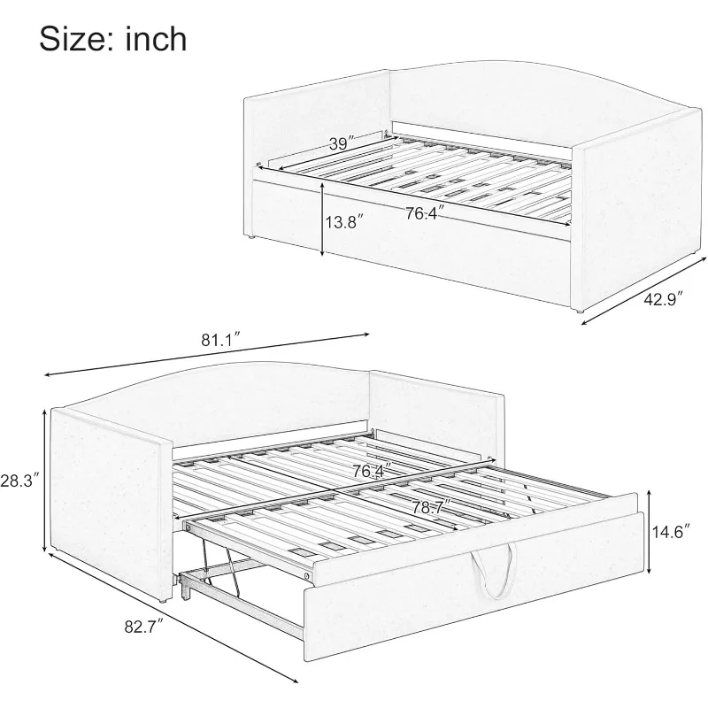 Twin Size Daybed with Extended Up Trundle,Velvet Upholstered Sofa Bed Daybed with Soft Padded Armrests and Backrest, Space-S