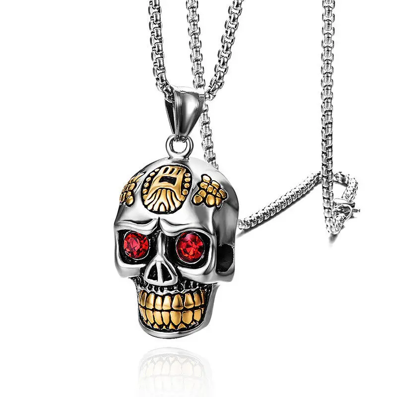 

Gothic Biker Men's Aztec Skull Pendant Necklace Stainless Steel Chain Fashion Jewelry Accessory