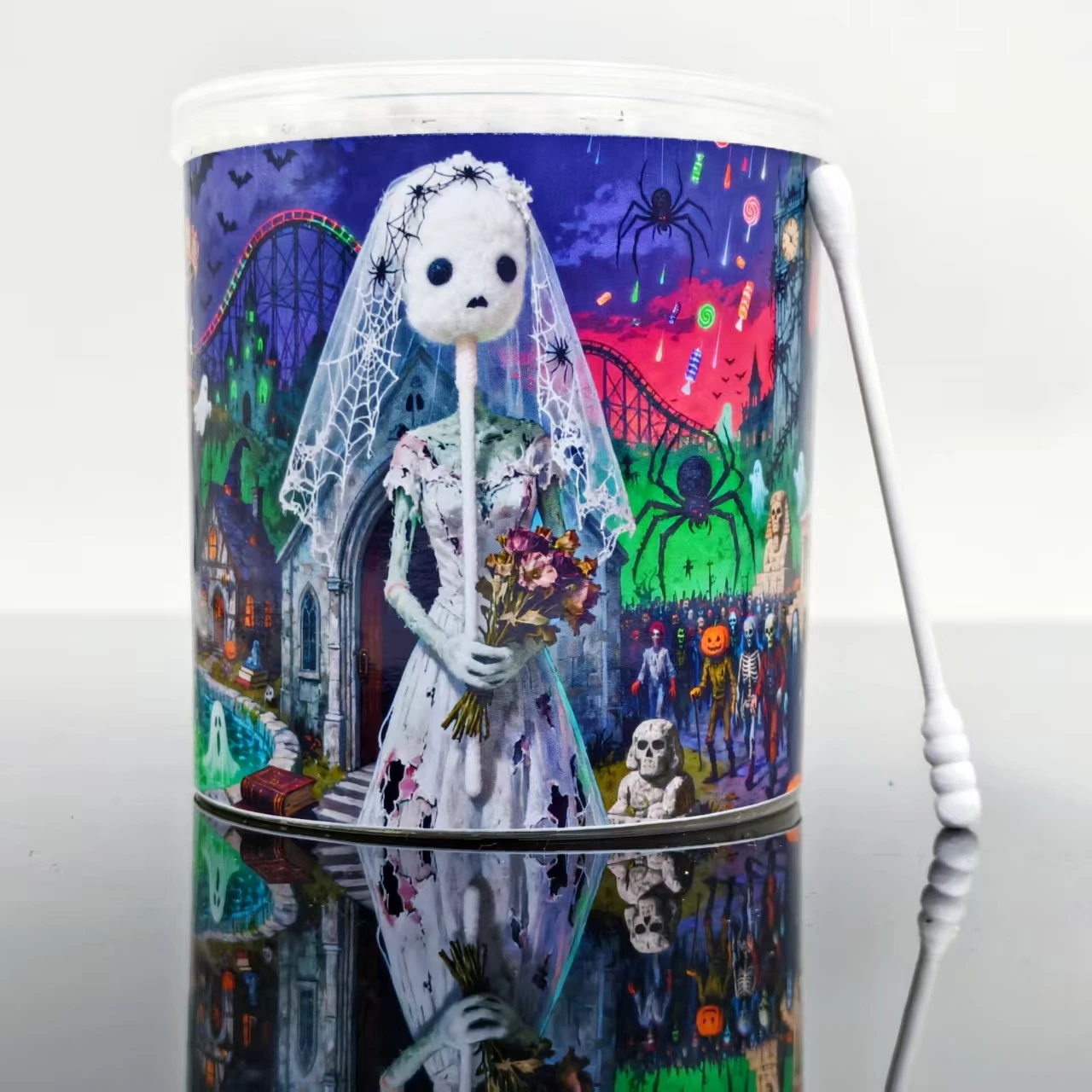 200 Pcs Kapas Tampung Bertema Pengantin Hantu Berdarah Halloween, Kapas Tampung Putih Berpola Spiral Tunggal untuk Hadiah Liburan