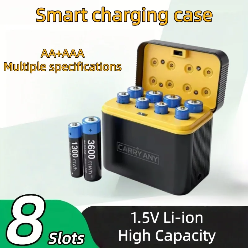 8 Slots Smart Battery Charging Case USB-C Fast Charger For 1.5V Li-ion AA AAA Rechargeable Lithium Battery Storage Charger Box