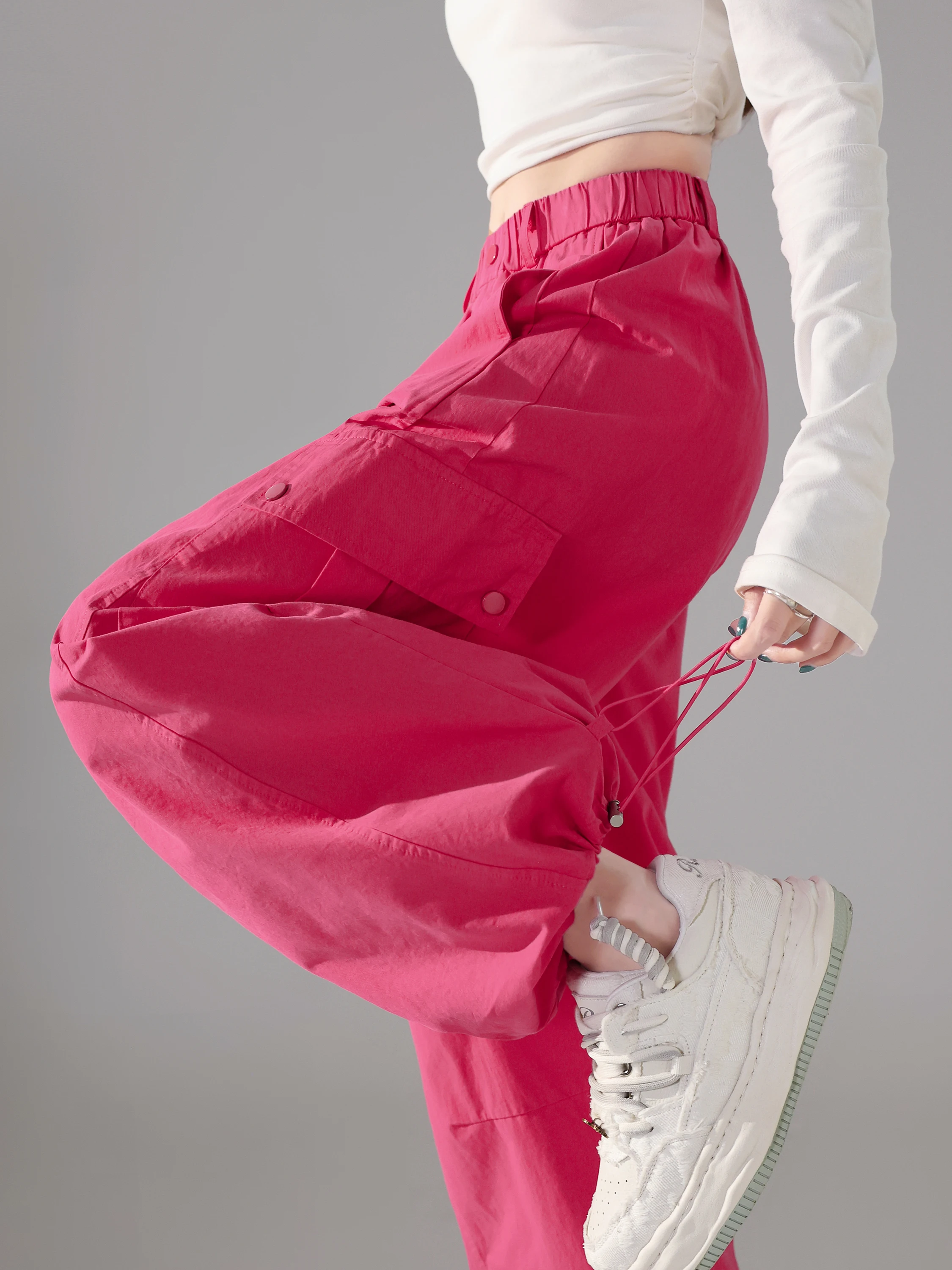 

Американские повседневные спортивные рабочие брюки с высокой талией, женские весенние пряные широкие брюки High Street Fire Dragon Fruit Color Jazz Dancing