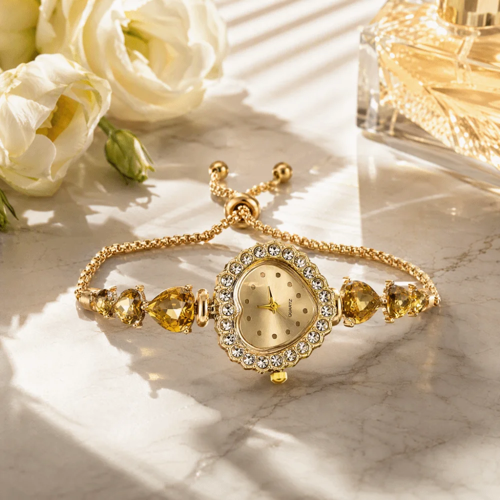 Adjustable Quartz Women's Watch Waterproof Elegant Heart-shaped Bracelet Watch Exquisite Alloy Sparkling Watch Birthday Gift