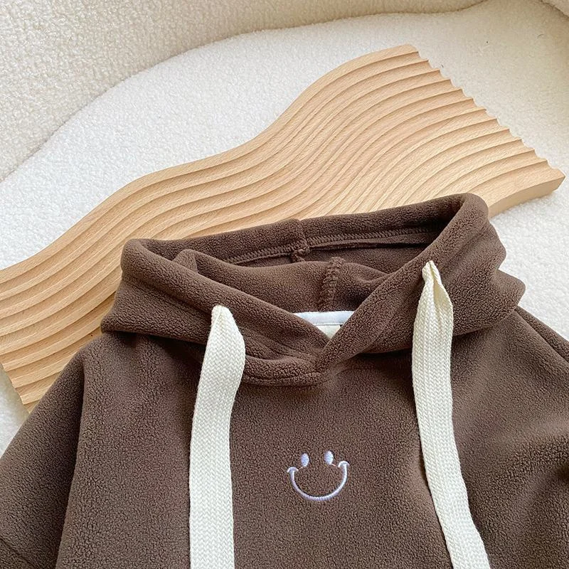 Sudaderas con capucha para niños, sudaderas de algodón grueso de terciopelo Beige, Tops cálidos de invierno y otoño, ropa para bebés, adolescentes y