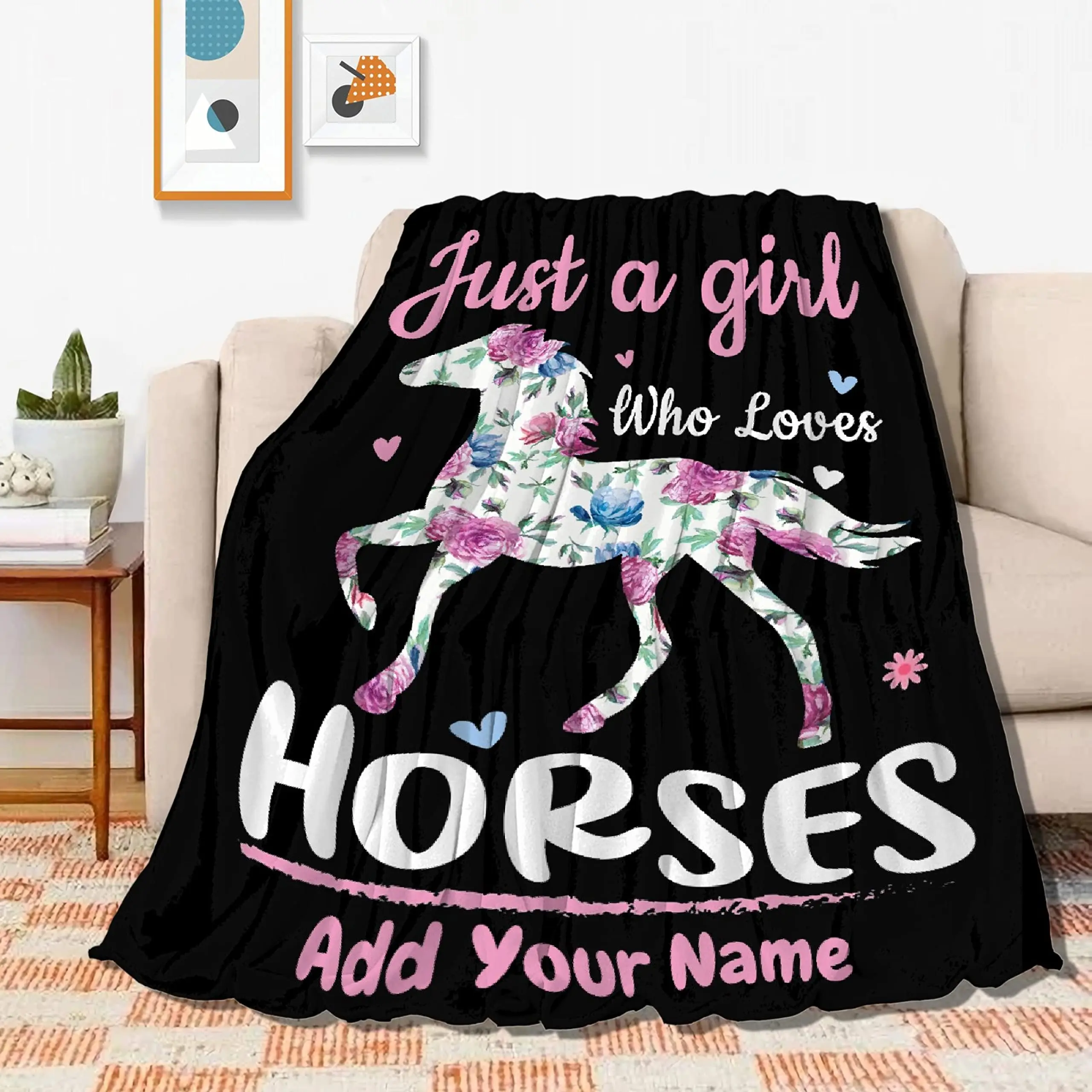 Cute Cartoon Horse Unicorn Blanket with Custom Name Birthday Gifts for Kids Girls Flannel Warm Throw Blanket Fluffy Soft Cozy