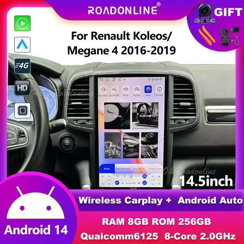 14.5 inch For Renault Koleos/Megane 4 2016-2019 Android 14 Tesla Style Octa Core 8+256G Car Multimedia Player Stereo Radio