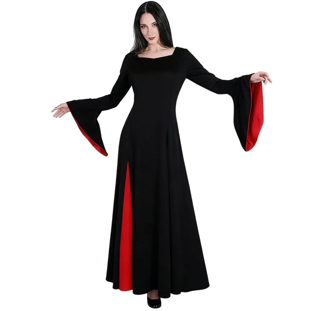 

Cosplay Costume Black Robe Wig Set Women Gothic Dress Maxi Skirt Adult Vintage Halloween Masquerade Party