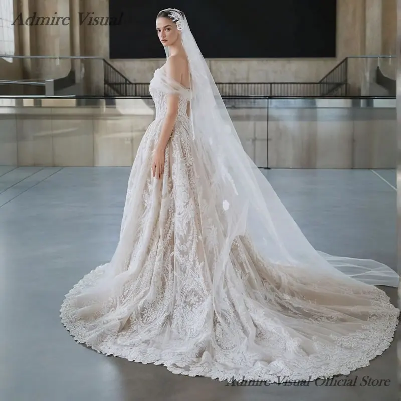 Admire Visual Wedding Dress A-Line Lace Boat Neck Neckline Basque With Detachable Off The Shoulder Customized Bride Gowns