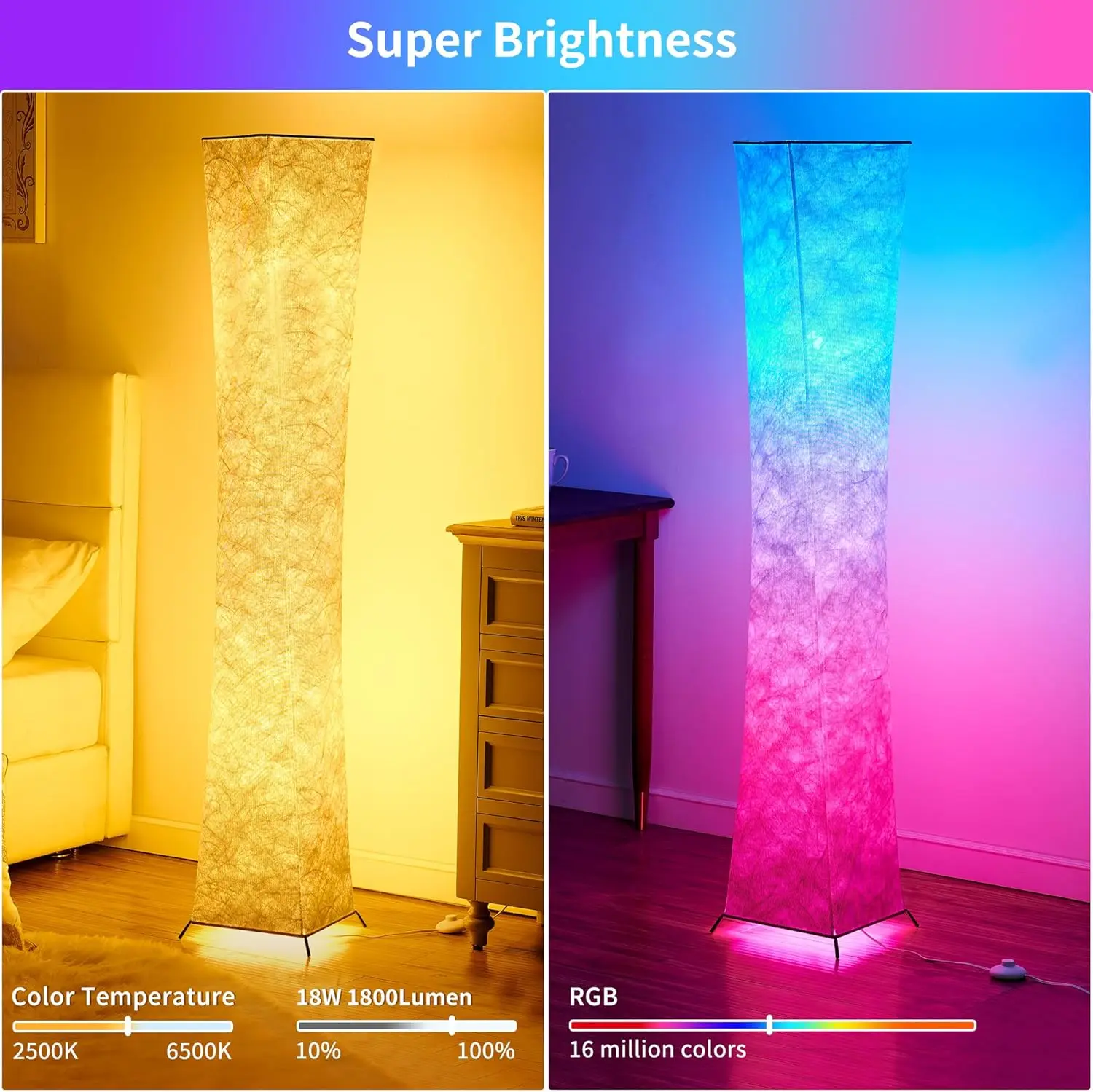 Color Changing LED Smart Bulbs White Fabric Shade, with Remote Control, Standing La