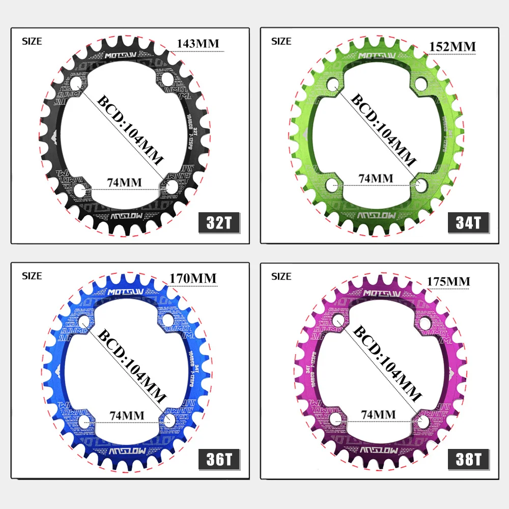 Plateau étroit et large commencerBCD 32T 34T 36T 38T, pièces de plaque dentée pour pédalier de vélo VTT 104mm