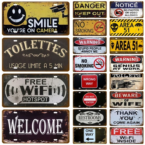 Toile Smile Welcome WIFI 아트 플레이트 매장 벽 장식 화장실 주석 사인 빈티지 도로 안내 금속 사인 페인팅 플라크 포스터 