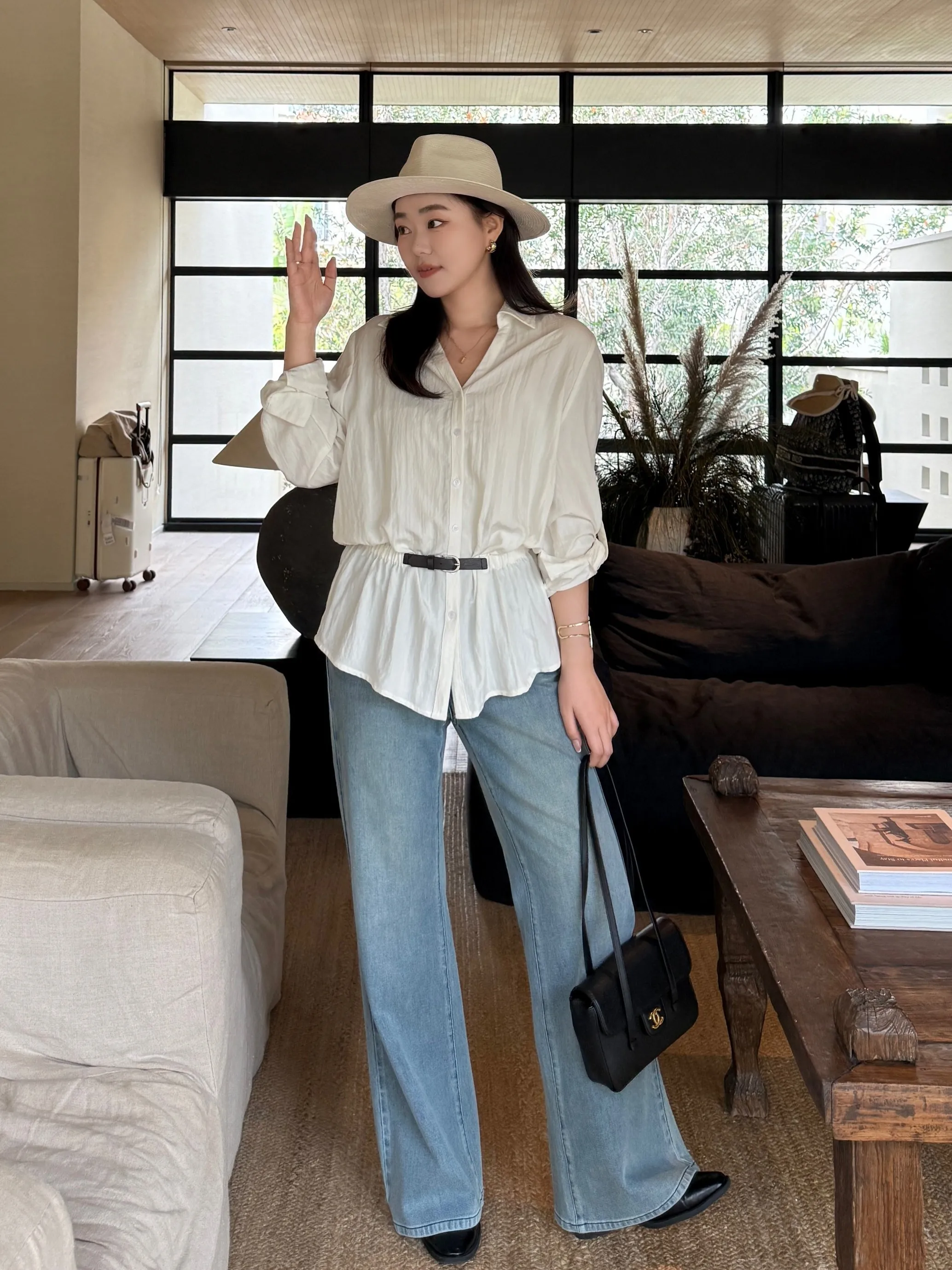 

plus Size High Waist Blue Jeans Women's Summer Casual Straight Leg Trousers Elastic Waist Slimming Effect for Plump Sister