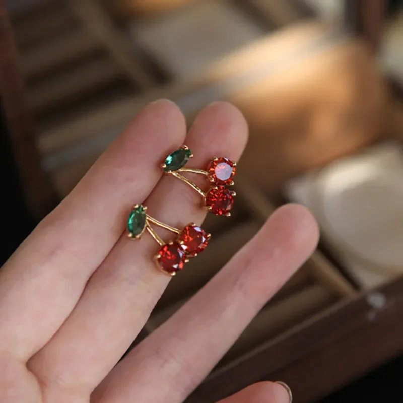 Cute Red Zircon Cherry Leaf Stud Earrings Women Piercing Jewelry For Fashion Crystal Dangle Party Prom Birthday Wedding Gifts