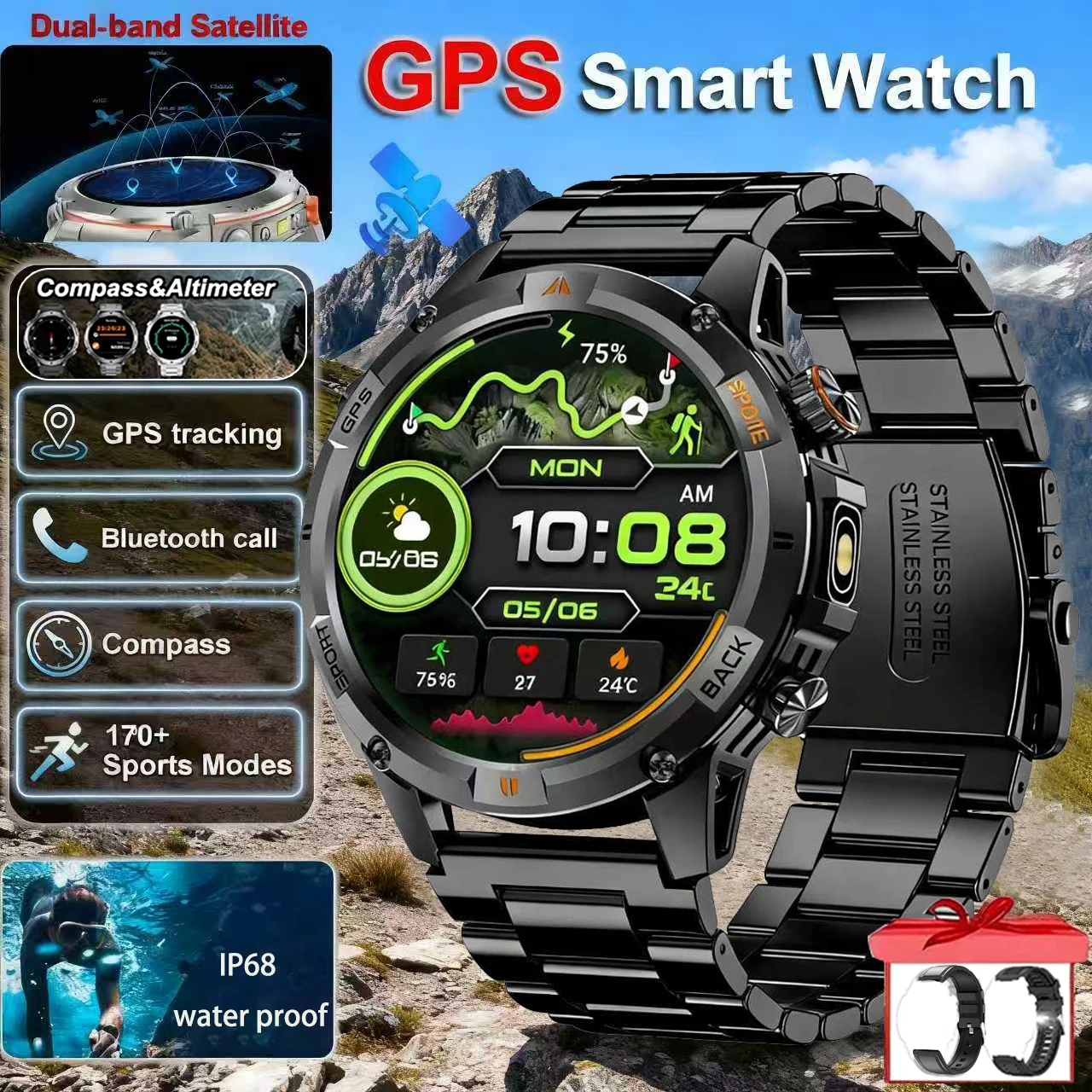 

2025 New military Dual-band GPS Compass SmartWatch Bluetooth call IP68 Waterproof outdoor SWIM Sport SmartWatch For Men's Gifts