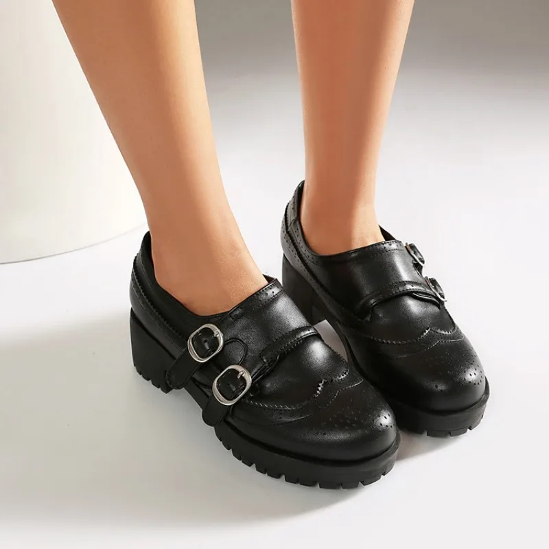 2026 Spring British Style Multi Purpose Deep Mouth Single Shoe Round Head Rubber Bottom Flat Shoe Double Buckle
