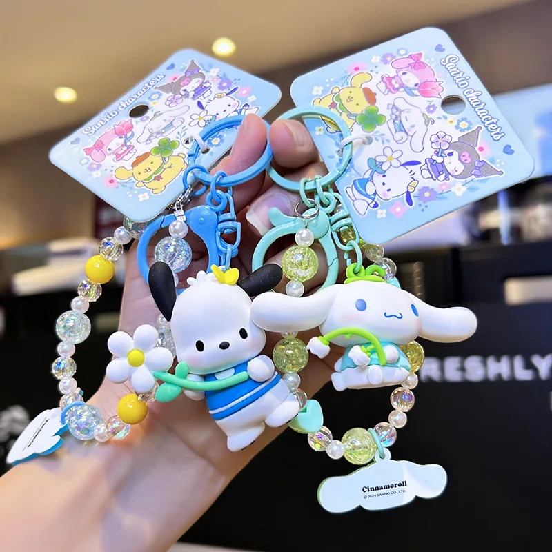 Sanrio Cartoon Animal Kuromi Pompom Purin Cinnamoroll Melody Pachacoo Pendant Keychain Key Ring Action Figure Model Toy Gifts
