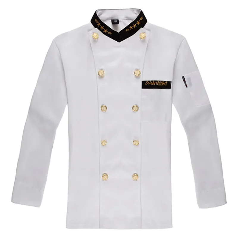 Uniforme de chef unisex de moda con doble botonadura, chaquetas de chef de manga larga Ropa de trabajo de cocina para chef Servicio de chef Botones dorados