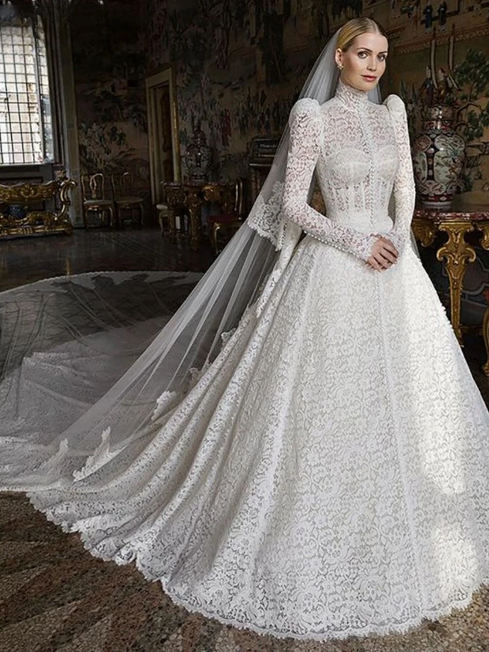 Modest High Collar Long Sleeve Wedding Dress Elegant Lace Dress For Bride Vintage A-line Bridal Gown Customized Robe De Mariée