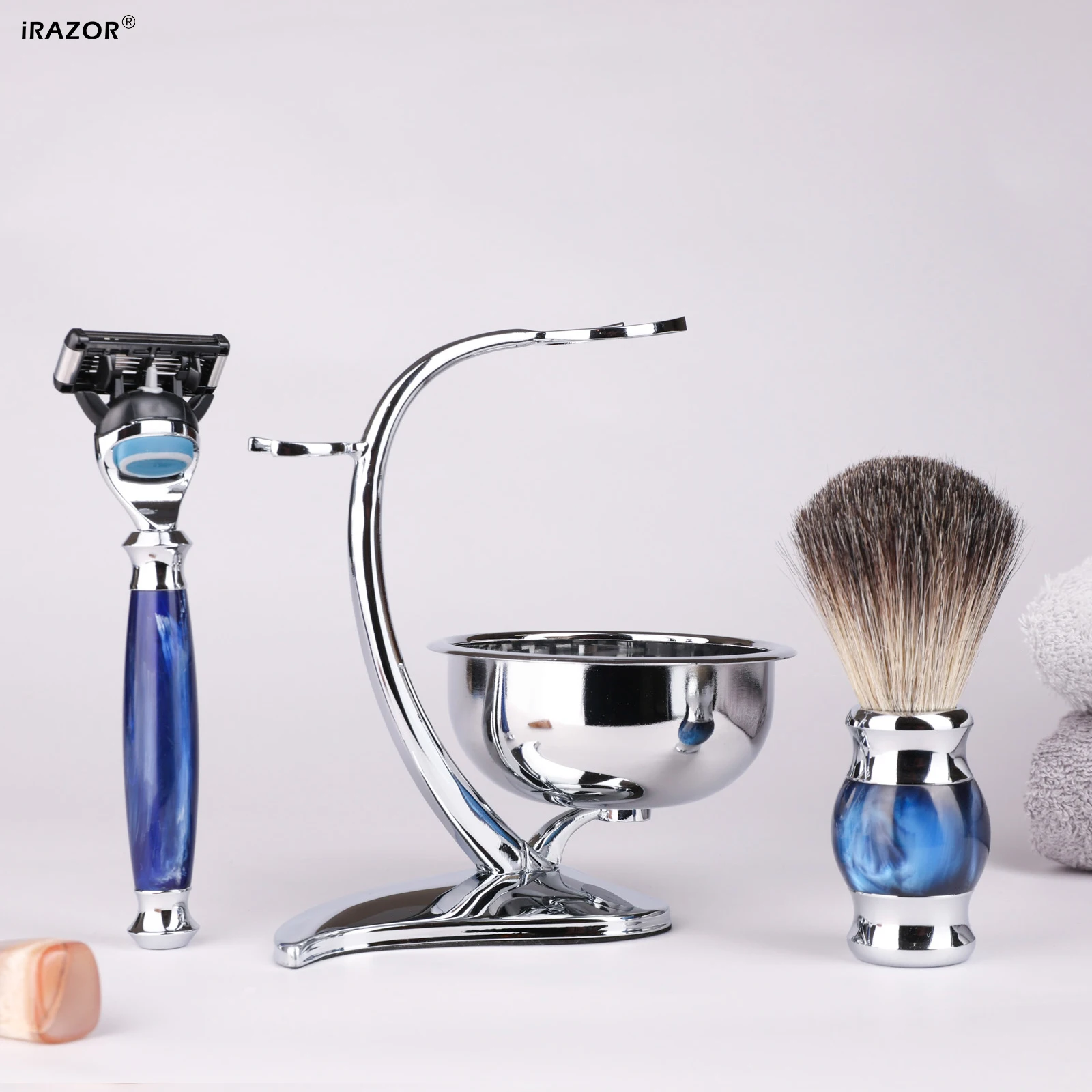 

iRAZOR 5-Layer Shaving Razor Set for Men with Blue Resin Handle Badger Hair Brush Heart Shape Soap Bowl Stand - Grooming Kit